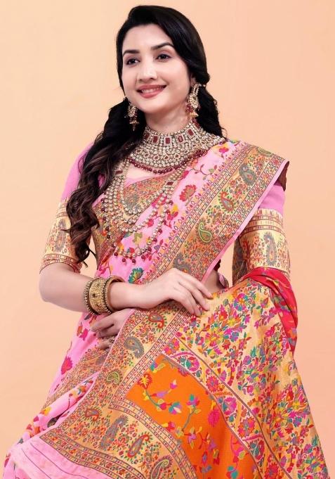 Baby Pink Meena Weaving Work Silk Saree Set