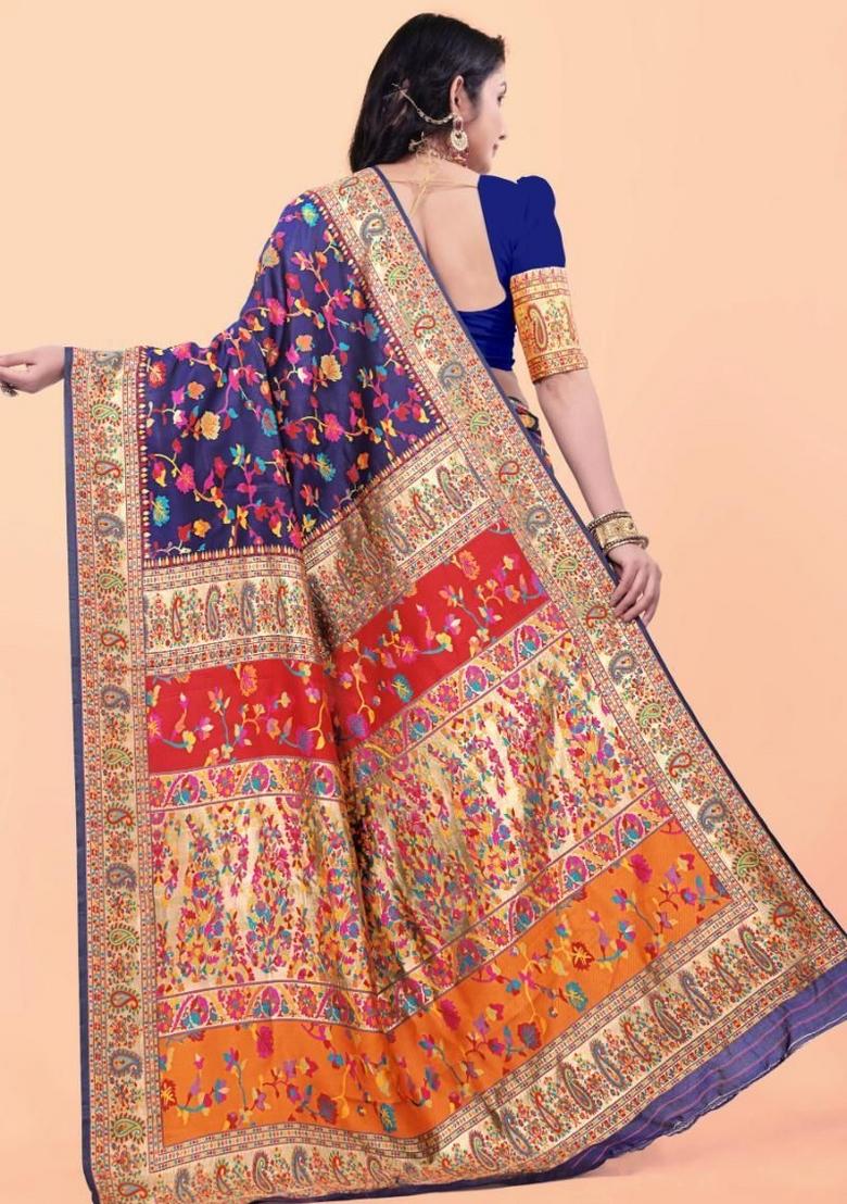 Blue Meena Weaving Work Silk Saree Set - Indya