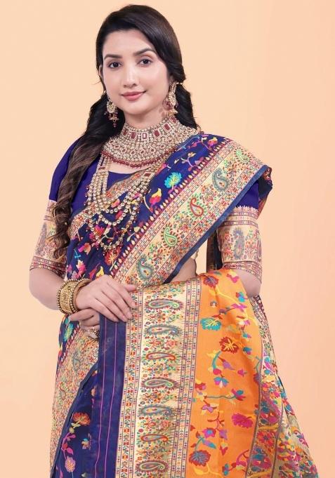 Blue Meena Weaving Work Silk Saree Set