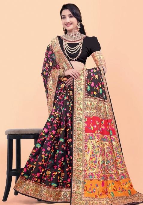 Black Meena Weaving Work Silk Saree Set