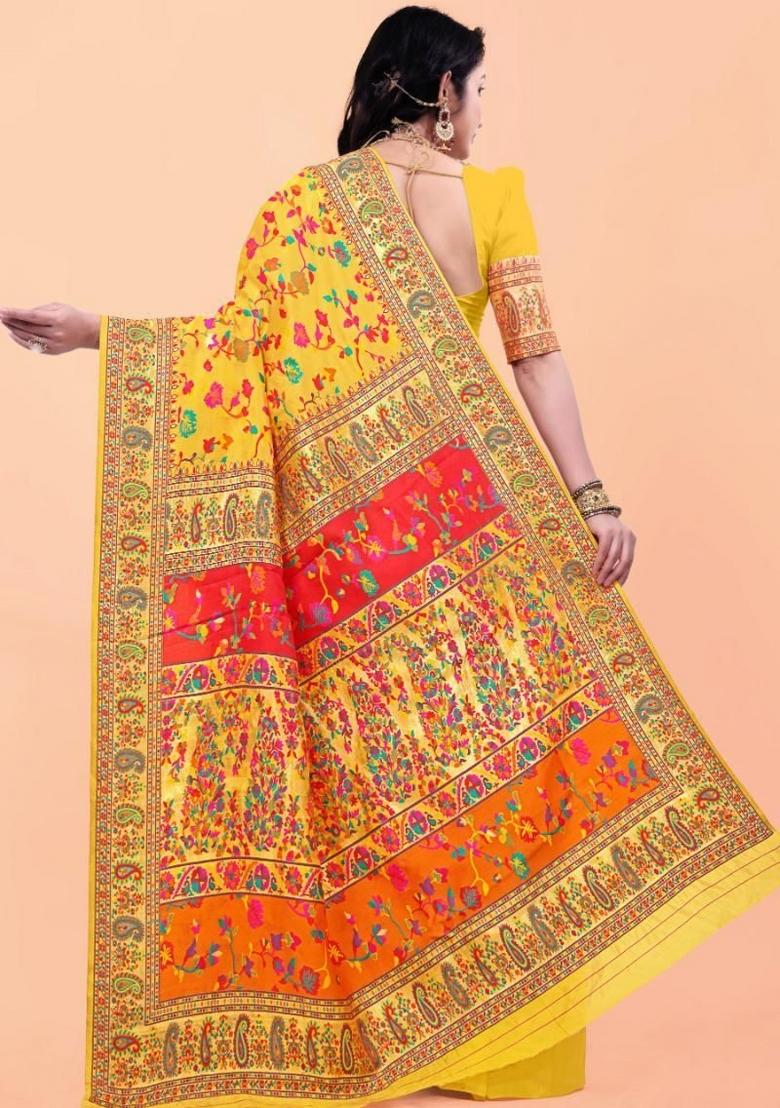 Yellow Meena Weaving Work Silk Saree Set - Indya