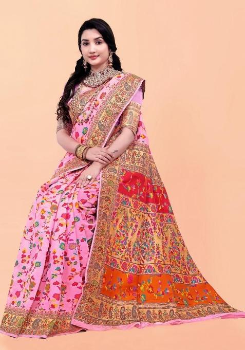 Baby Pink Meena Weaving Work Silk Saree Set