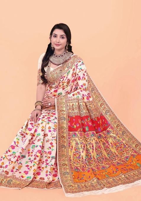 Cream Meena Weaving Work Silk Saree Set