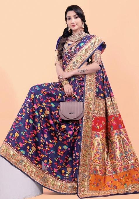 Blue Meena Weaving Work Silk Saree Set