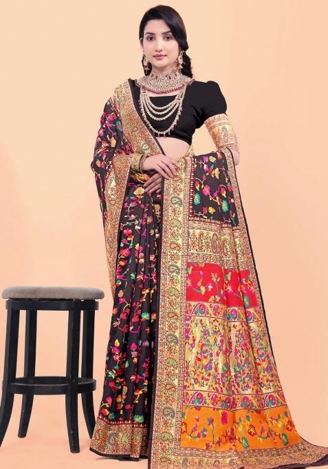 Black Meena Weaving Work Silk Saree Set