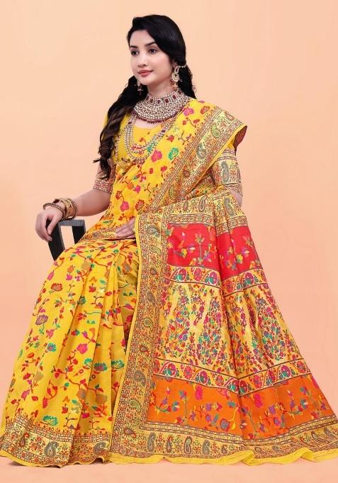 Yellow Meena Weaving Work Silk Saree Set