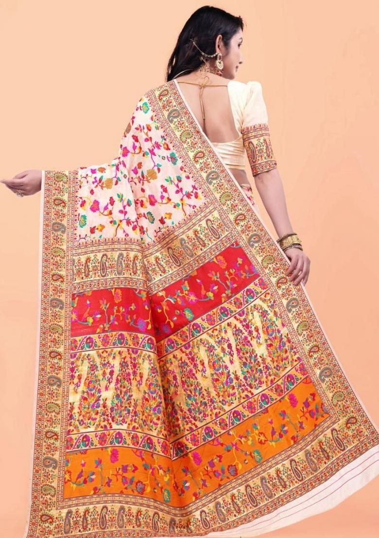 Off White Meena Weaving Work Silk Saree Set - Indya