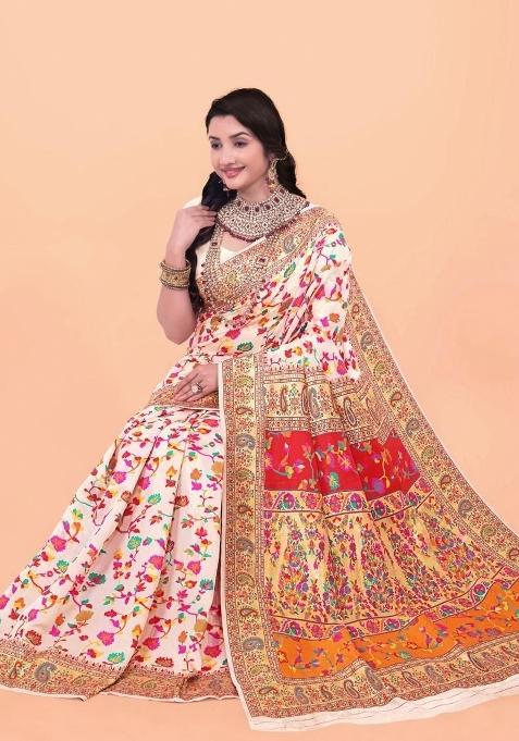 Off White Meena Weaving Work Silk Saree Set