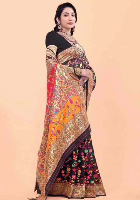 Black Meena Weaving Work Silk Saree Set