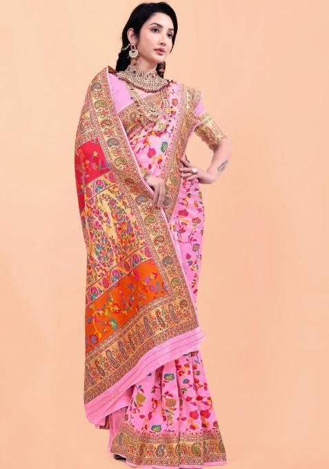 Baby Pink Meena Weaving Work Silk Saree Set