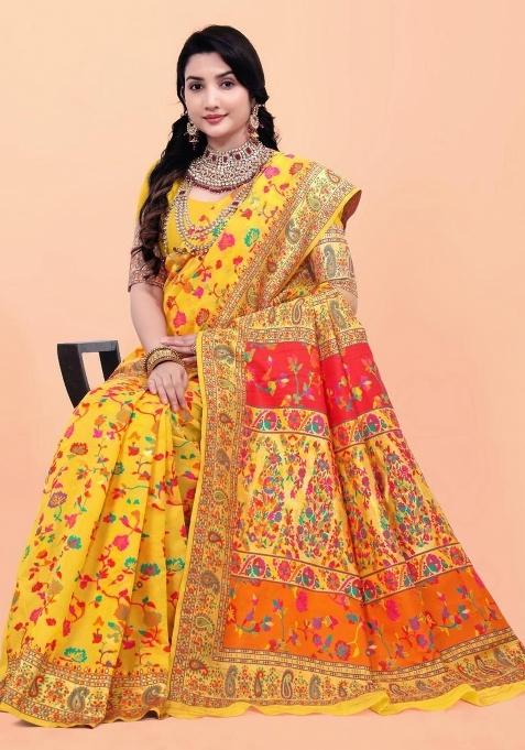 Yellow Meena Weaving Work Silk Saree Set
