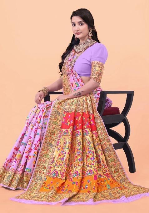 Pink Meena Weaving Work Silk Saree Set