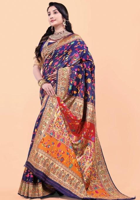 Blue Meena Weaving Work Silk Saree Set