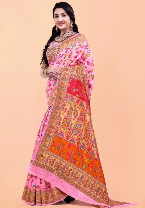 Baby Pink Meena Weaving Work Silk Saree Set