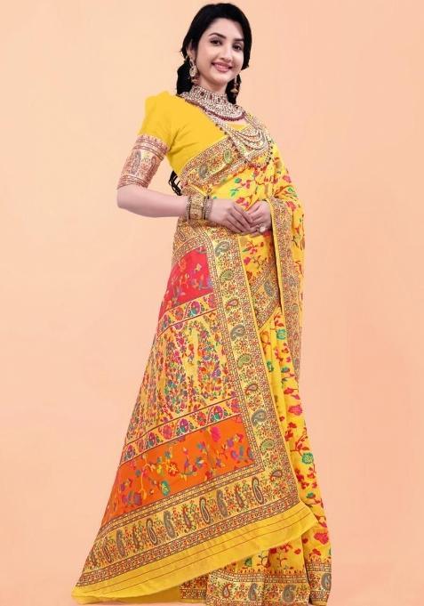 Yellow Meena Weaving Work Silk Saree Set