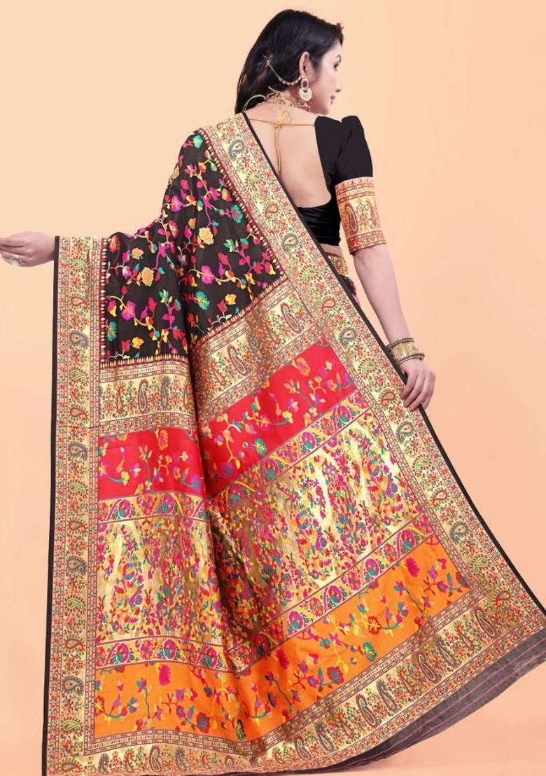 Black Meena Weaving Work Silk Saree Set - Indya