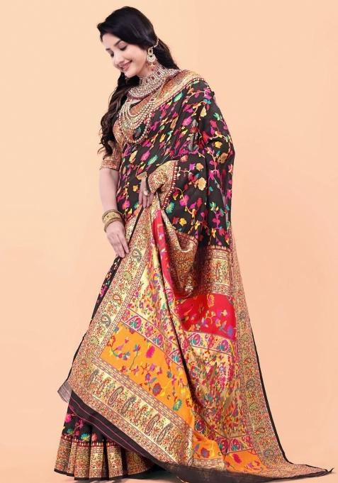 Black Meena Weaving Work Silk Saree Set