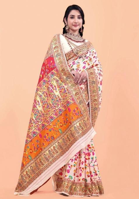 Off White Meena Weaving Work Silk Saree Set