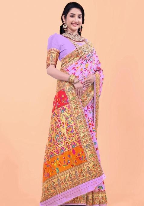 Pink Meena Weaving Work Silk Saree Set