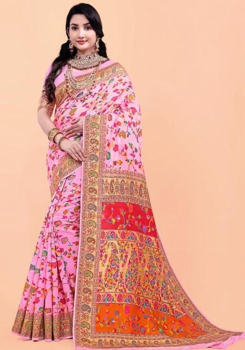 Baby Pink Meena Weaving Work Silk Saree Set