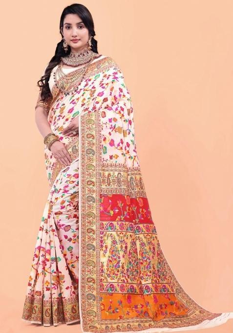 Off White Meena Weaving Work Silk Saree Set
