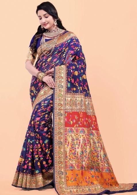 Blue Meena Weaving Work Silk Saree Set