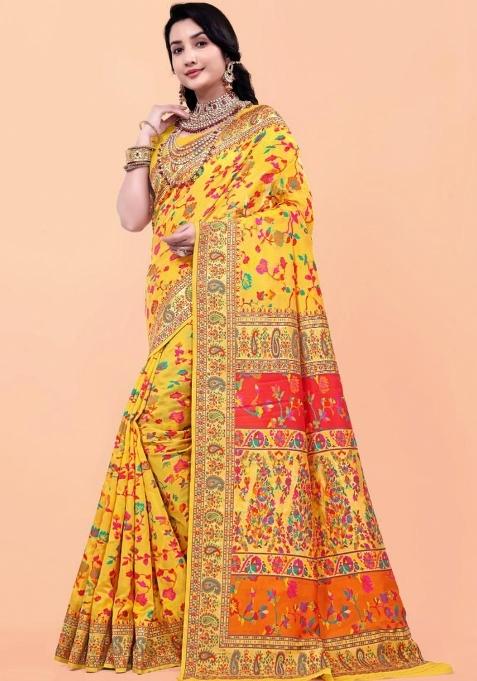 Yellow Meena Weaving Work Silk Saree Set