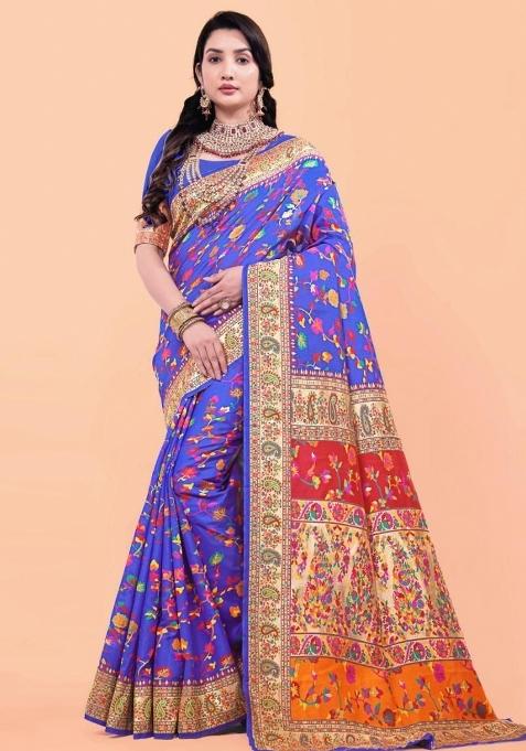 Purple Meena Weaving Work Silk Saree Set