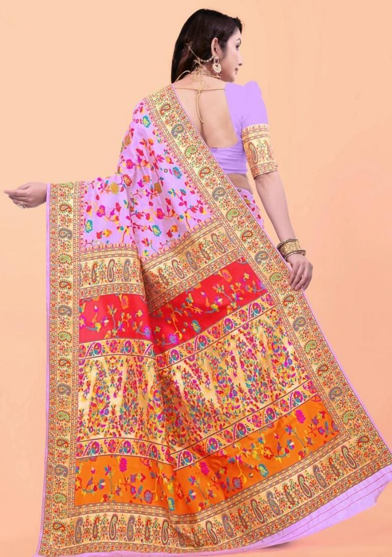 Pink Meena Weaving Work Silk Saree Set - Indya