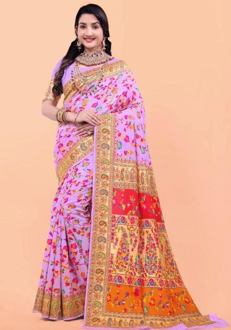 Pink Meena Weaving Work Silk Saree Set