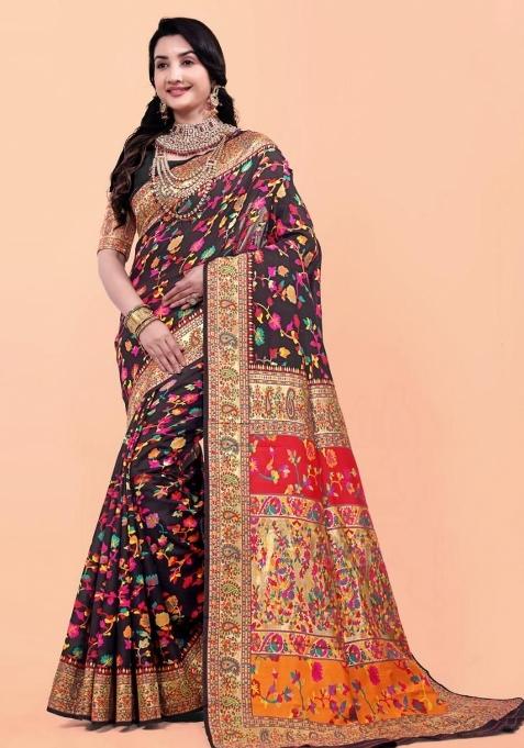 Black Meena Weaving Work Silk Saree Set