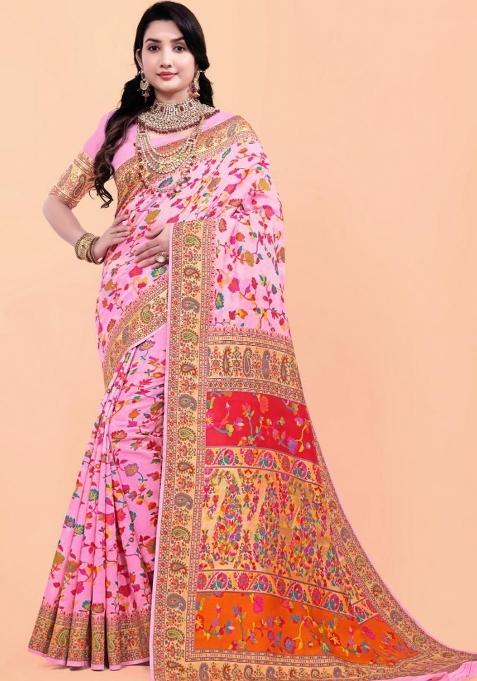 Baby Pink Meena Weaving Work Silk Saree Set