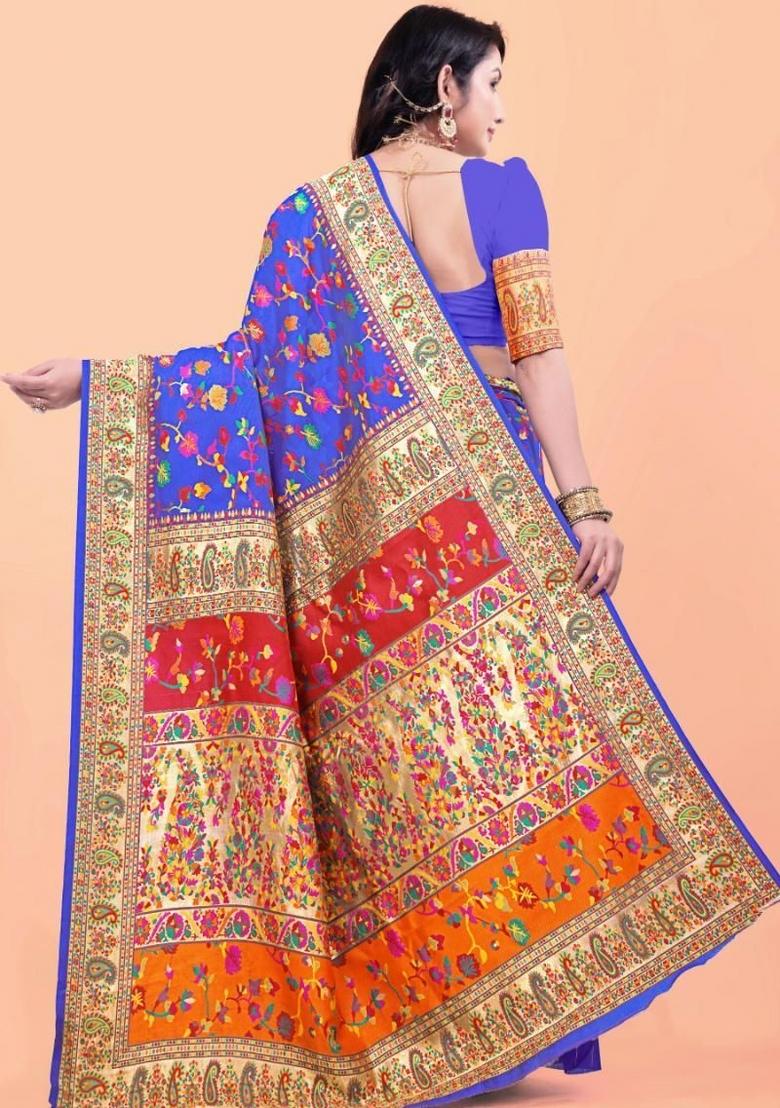 Purple Meena Weaving Work Silk Saree Set - Indya