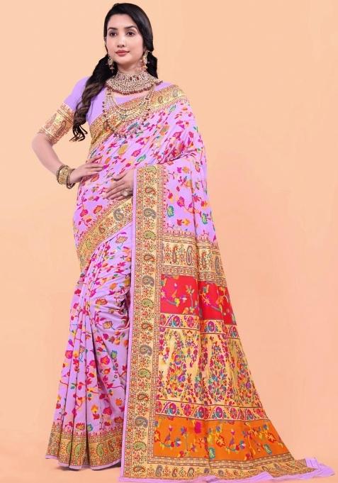 Pink Meena Weaving Work Silk Saree Set