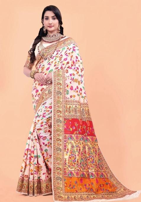 Off White Meena Weaving Work Silk Saree Set