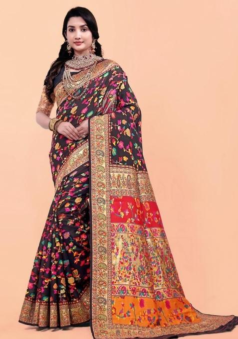 Black Meena Weaving Work Silk Saree Set