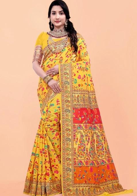 Yellow Meena Weaving Work Silk Saree Set