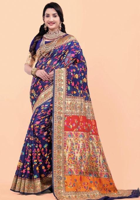 Blue Meena Weaving Work Silk Saree Set