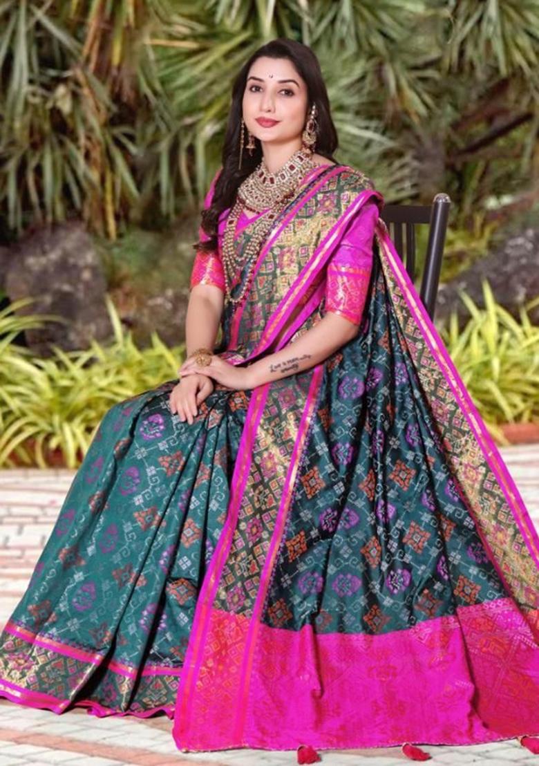 Blue Meena Weaving Work Silk Saree Set - Indya