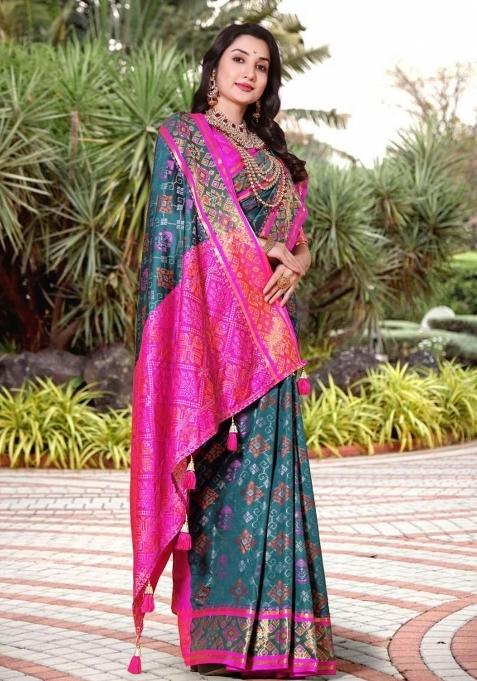 Blue Meena Weaving Work Silk Saree Set