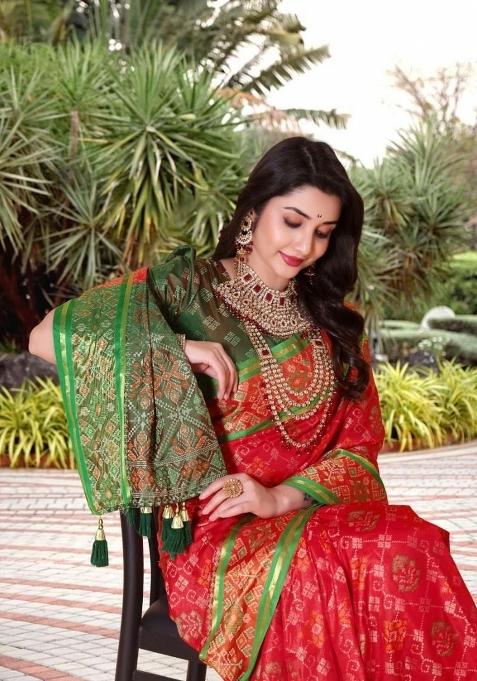 Red Meena Weaving Work Silk Saree Set