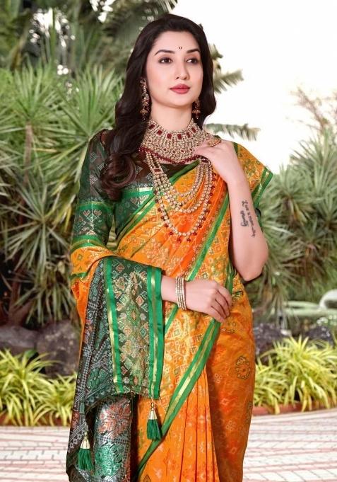 Yellow Meena Weaving Work Silk Saree Set