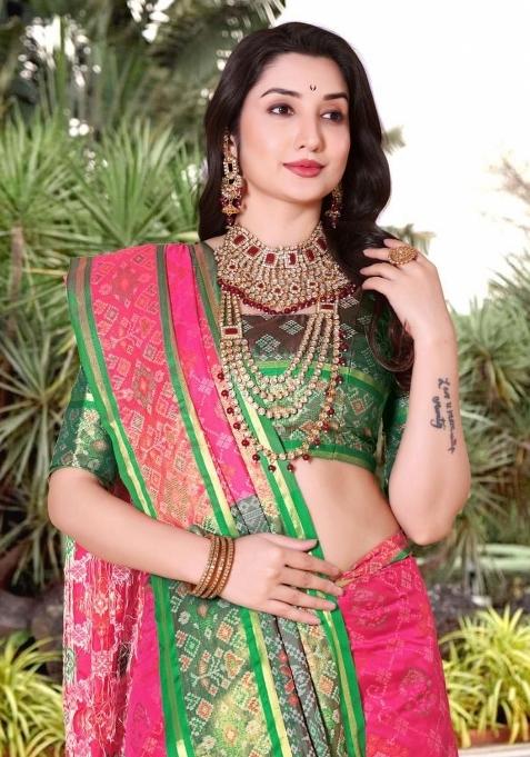 Pink Meena Weaving Work Silk Saree Set