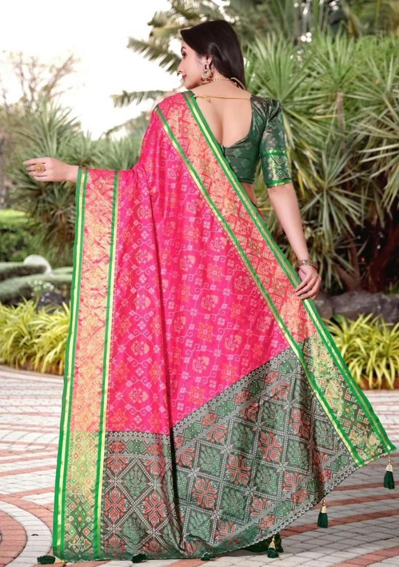 Pink Meena Weaving Work Silk Saree Set - Indya