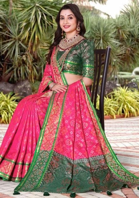 Pink Meena Weaving Work Silk Saree Set