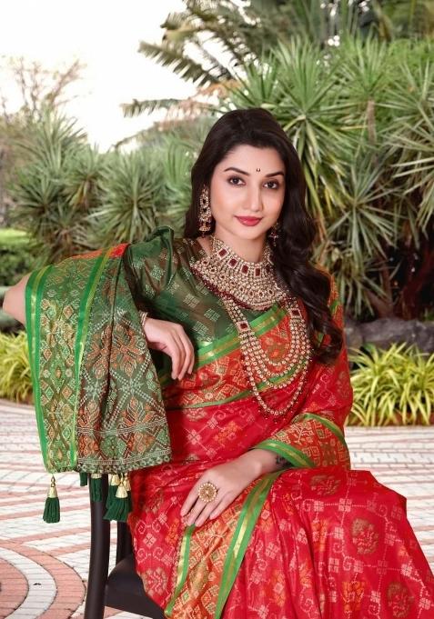 Red Meena Weaving Work Silk Saree Set