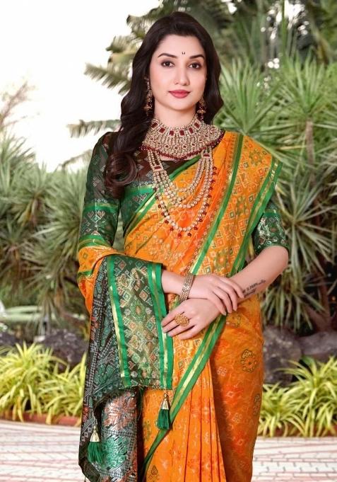 Yellow Meena Weaving Work Silk Saree Set