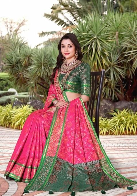 Pink Meena Weaving Work Silk Saree Set