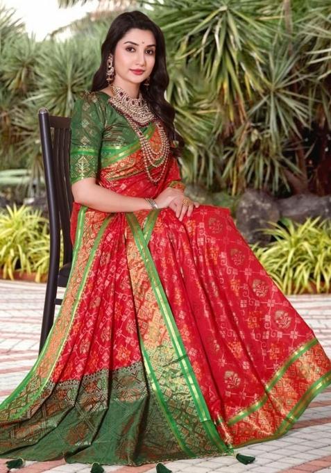 Red Meena Weaving Work Silk Saree Set