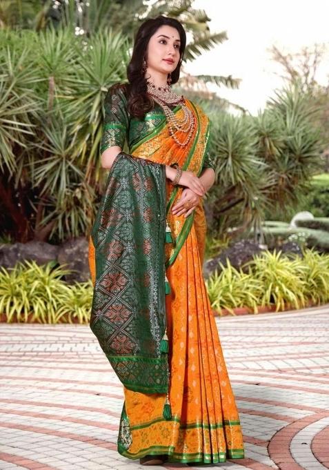 Yellow Meena Weaving Work Silk Saree Set